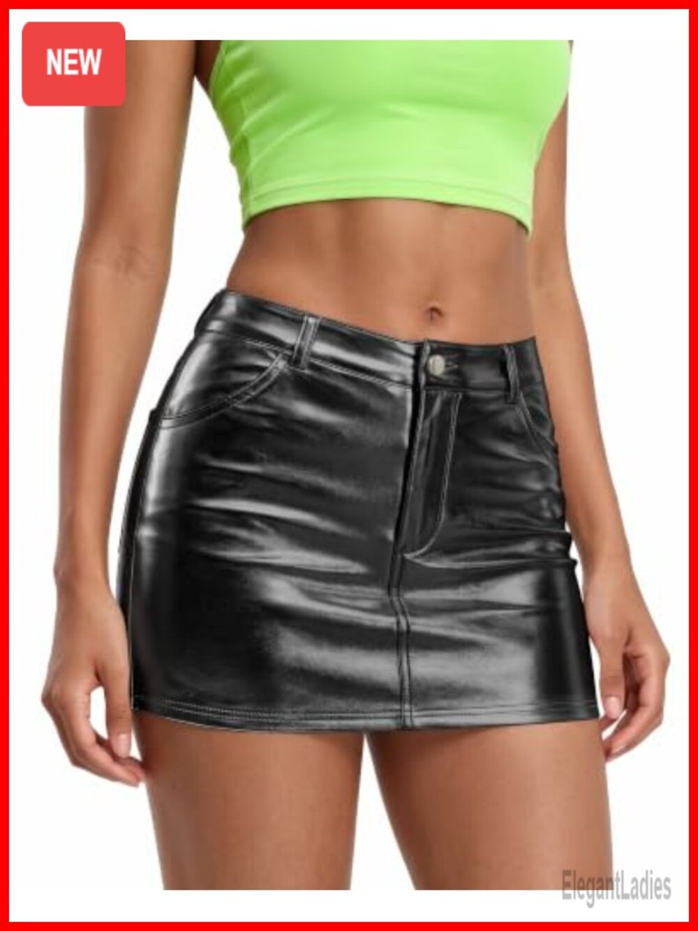 Women's Metallic Sparkly Low Waist Bodycon Mini Skirt with Pockets and Zipper
